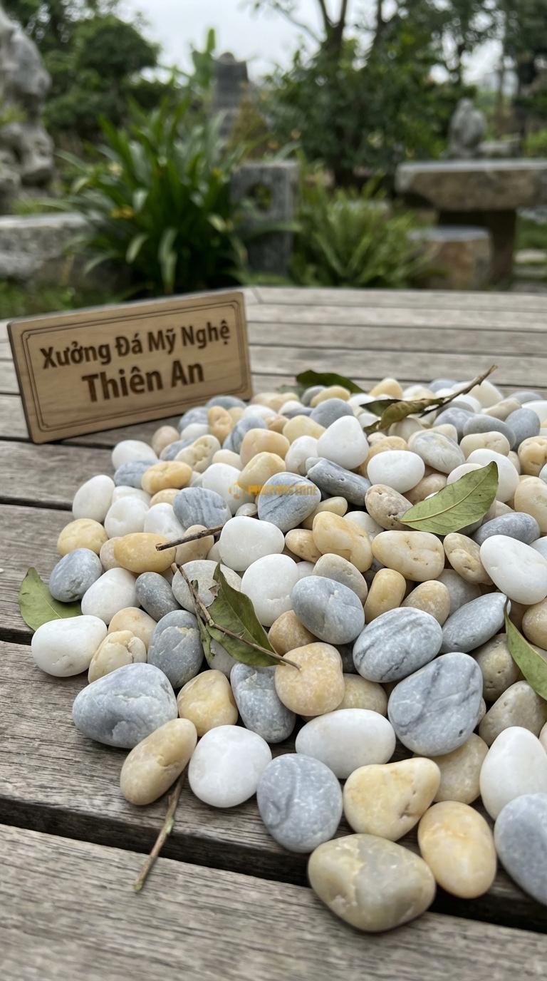 Sỏi Mix 3. Trắng quay, Ghi xám quay, Vàng quay Tỉ lệ (40, 35, 25). Size 7-9mm