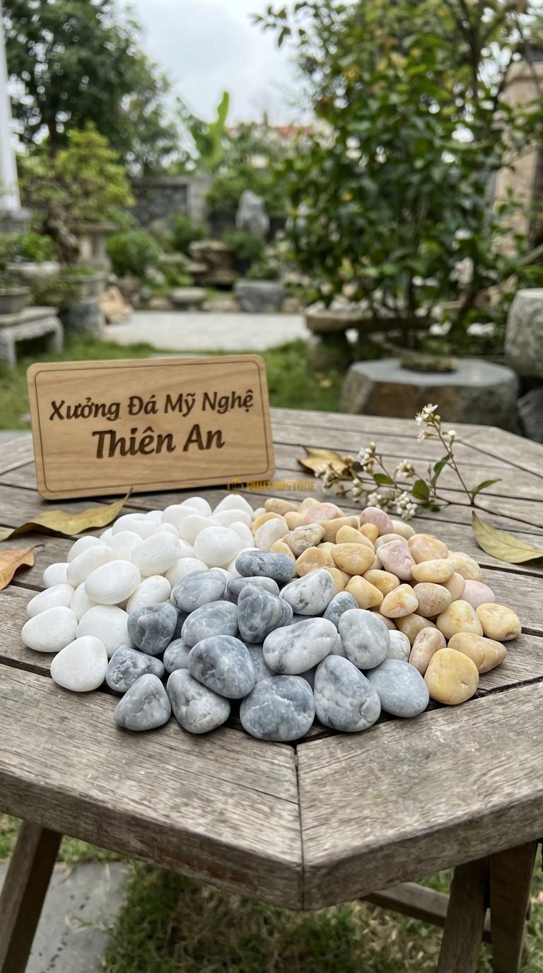 Sỏi Mix 3. Trắng quay, Ghi xám quay, Vàng quay Tỉ lệ (40, 35, 25). Size 1-2cm