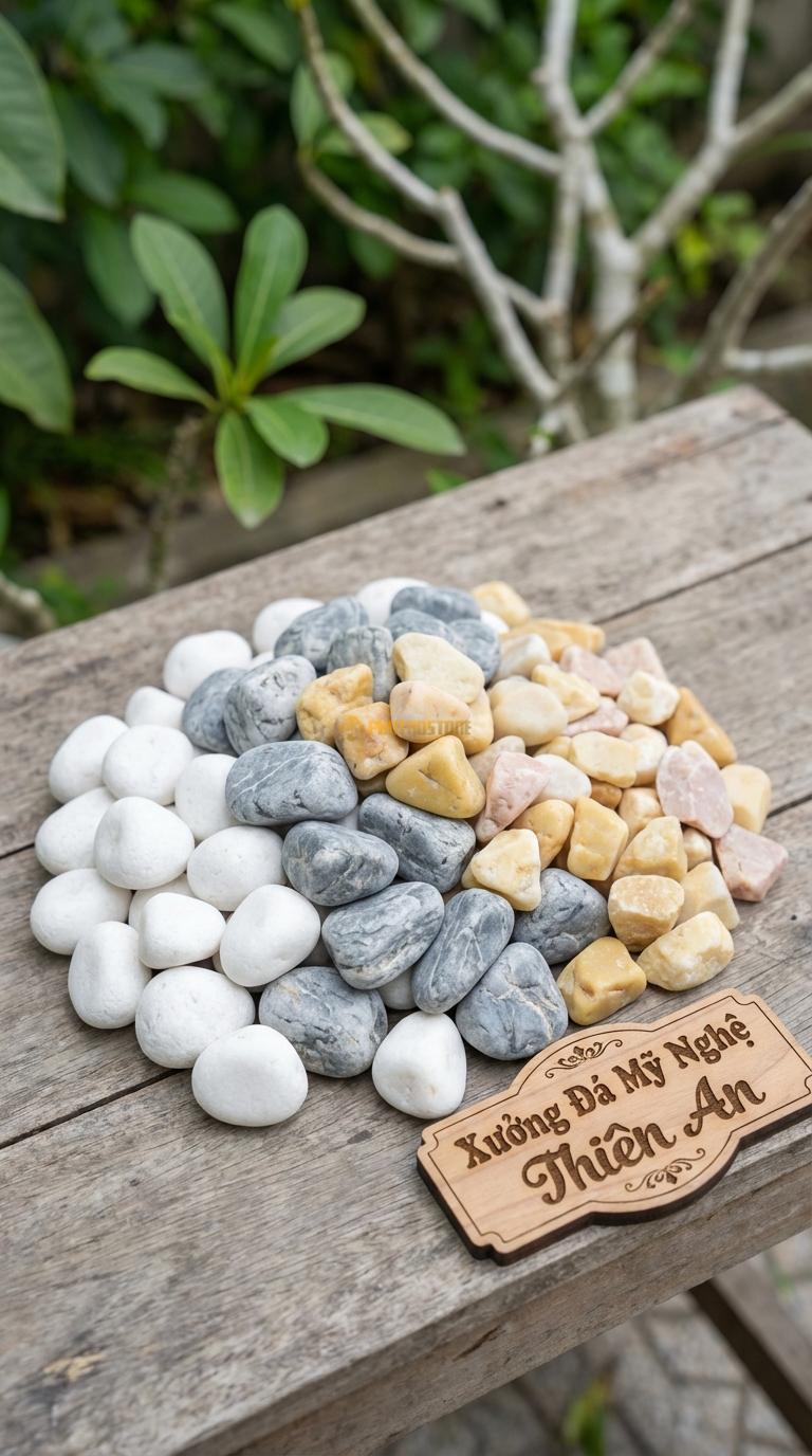 Sỏi Mix 3. Trắng quay, Ghi xám quay, Vàng quay Tỉ lệ (40, 35, 25). Size 2-3cm