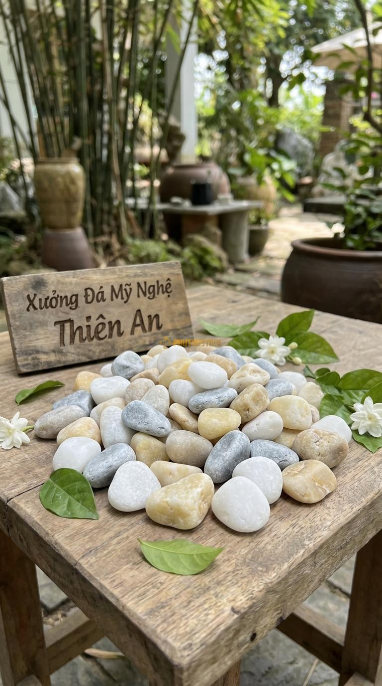 Sỏi Mix 3. Trắng quay, Ghi xám quay, Vàng quay Tỉ lệ (40, 35, 25). Size 3-5cm