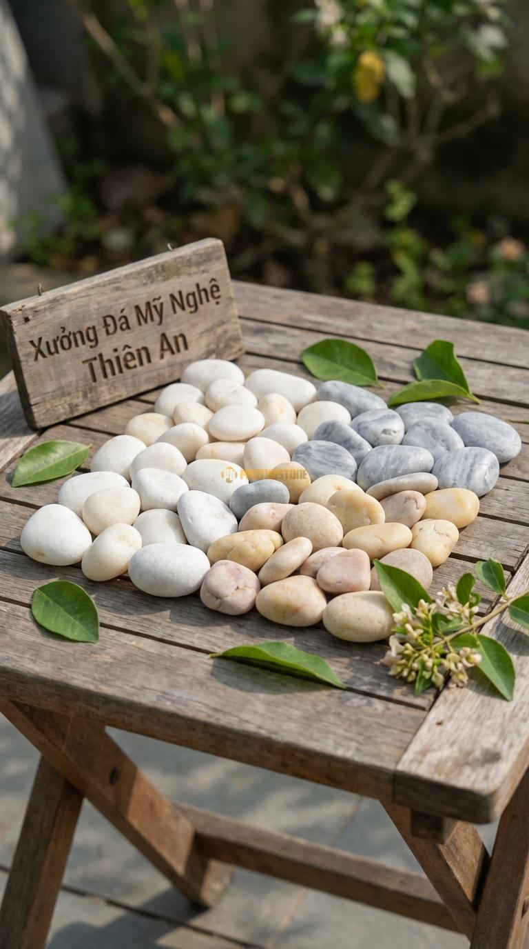 Sỏi Mix 3. Trắng quay, Ghi xám quay, Vàng quay Tỉ lệ (45, 30, 25). Size 3-5cm