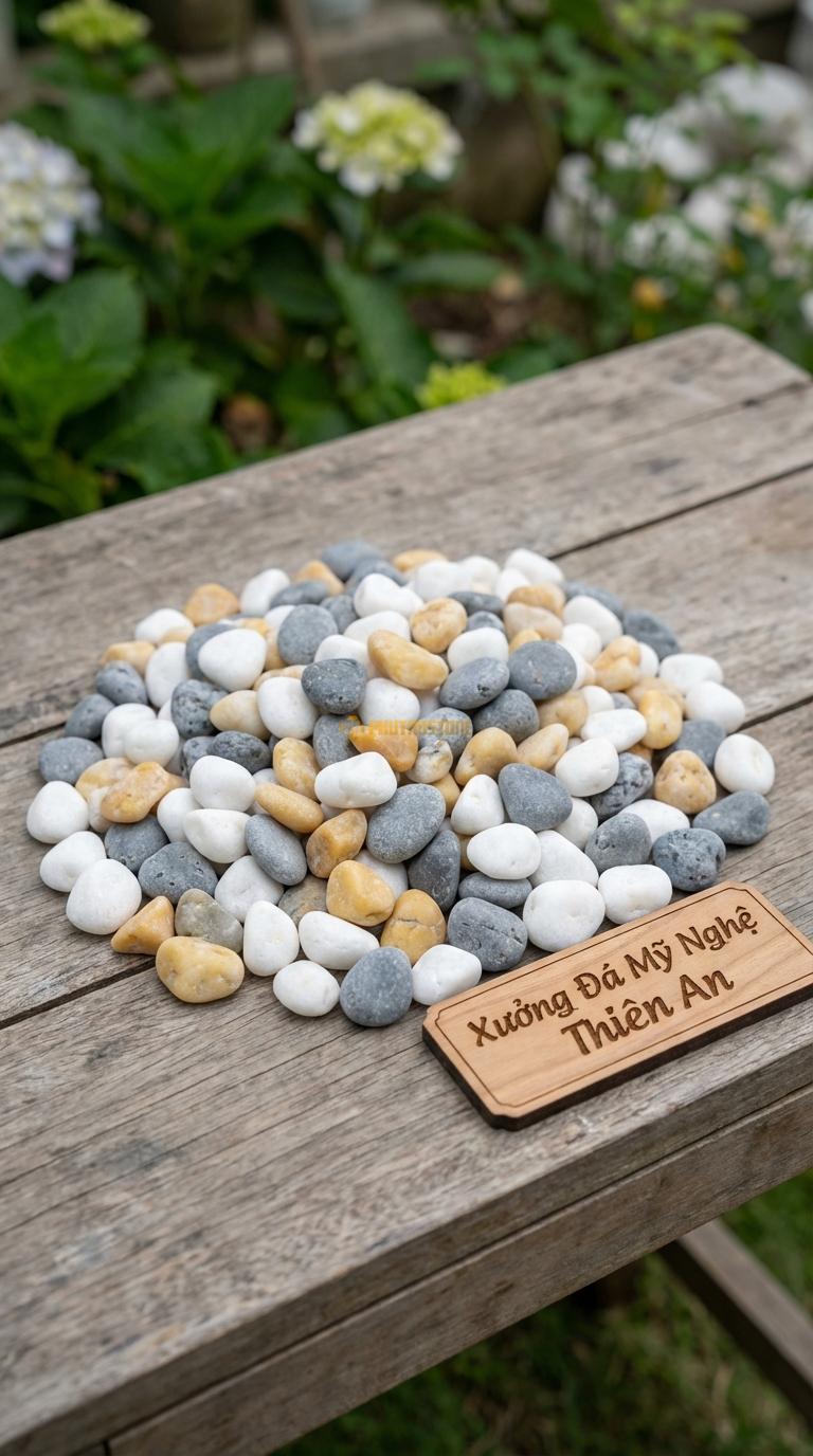 Sỏi Mix 3. Trắng quay, Ghi xám quay, Vàng quay Tỉ lệ (45, 30, 25). Size 7-9mm