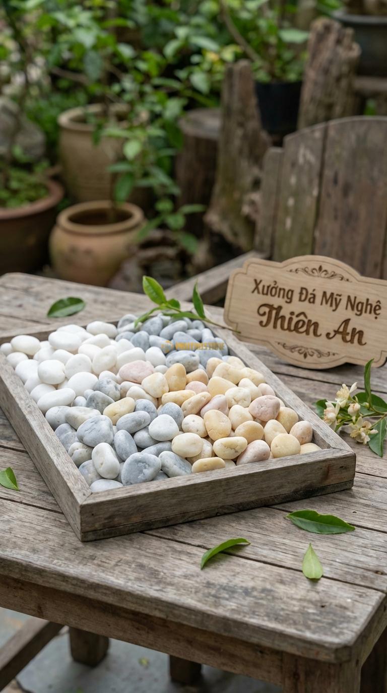 Sỏi Mix 3. Trắng quay, Ghi xám quay, Vàng quay Tỉ lệ (45, 30, 25). Size 1-2cm