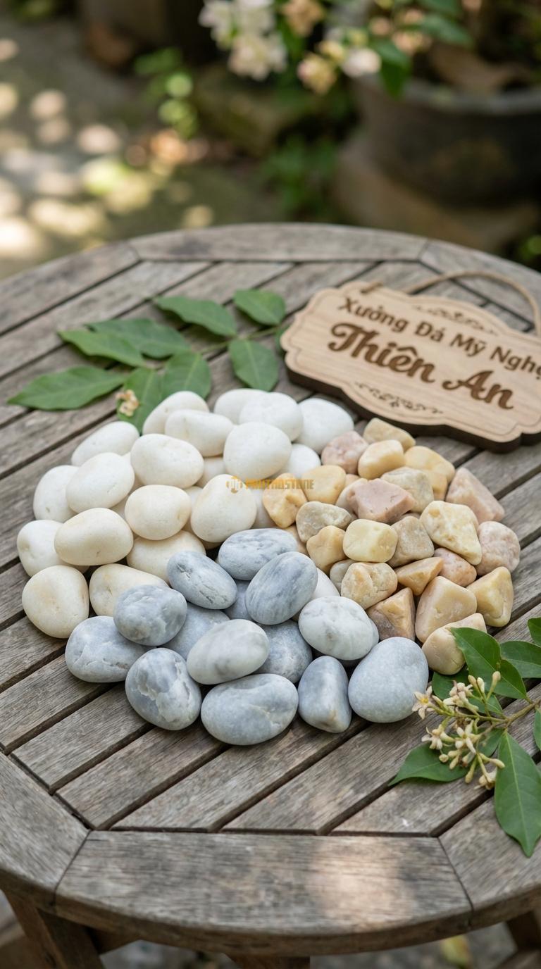 Sỏi Mix 3. Trắng quay, Ghi xám quay, Vàng quay Tỉ lệ (50, 30, 20). Size 3-5cm