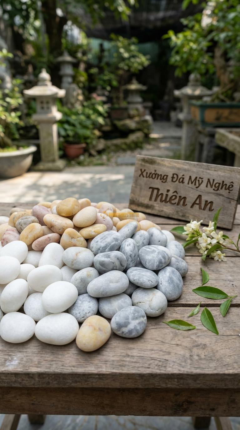 Sỏi Mix 3. Trắng quay, Ghi xám quay, Vàng quay Tỉ lệ (50, 30, 20). Size 2-4cm