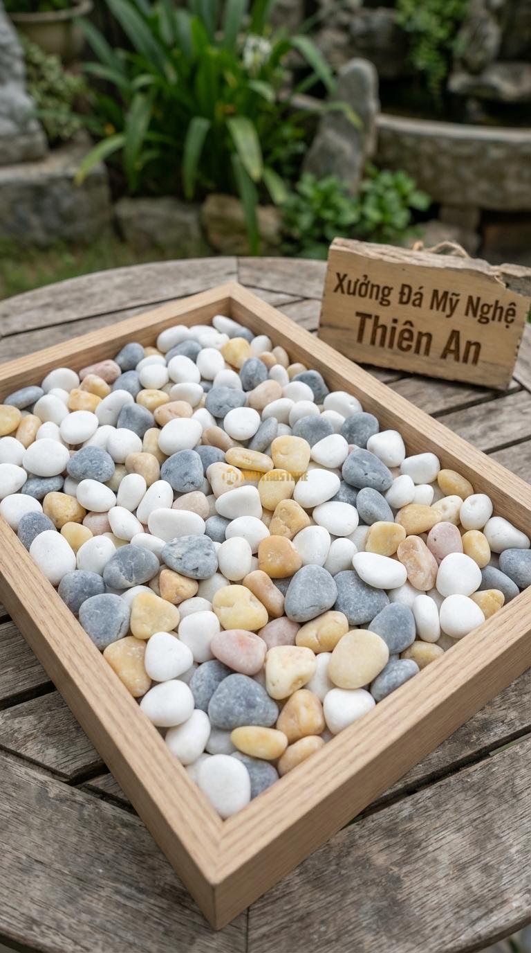 Sỏi Mix 3. Trắng quay, Ghi xám quay, Vàng quay Tỉ lệ (50, 30, 20). Size 7-9mm