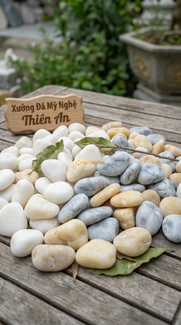 Sỏi Mix 3. Trắng quay, Ghi xám quay, Vàng quay Tỉ lệ (50, 30, 20). Size 2-3cm