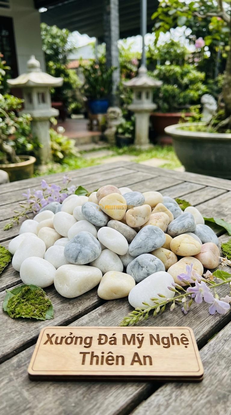 Sỏi Mix 3. Trắng quay, Ghi xám quay, Vàng quay Tỉ lệ (60, 25, 15). Size 3-5cm