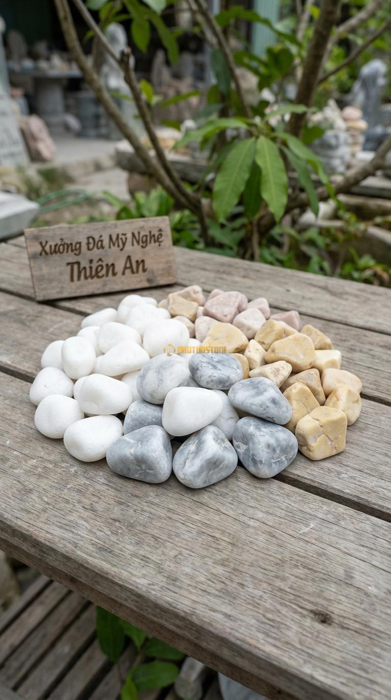 Sỏi Mix 3. Trắng quay, Ghi xám quay, Vàng quay Tỉ lệ (60, 25, 15). Size 2-4cm