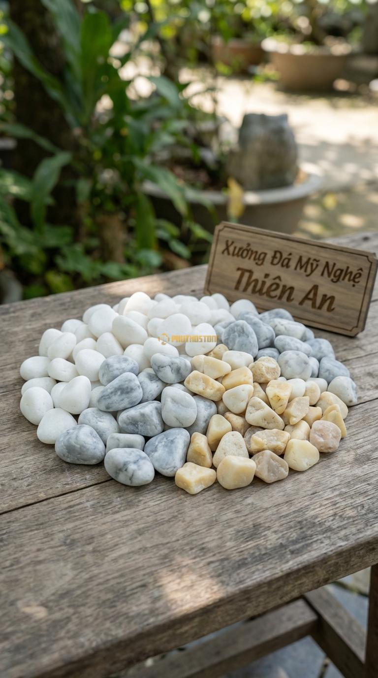 Sỏi Mix 3. Trắng quay, Ghi xám quay, Vàng quay Tỉ lệ (60, 25, 15). Size 3-5mm