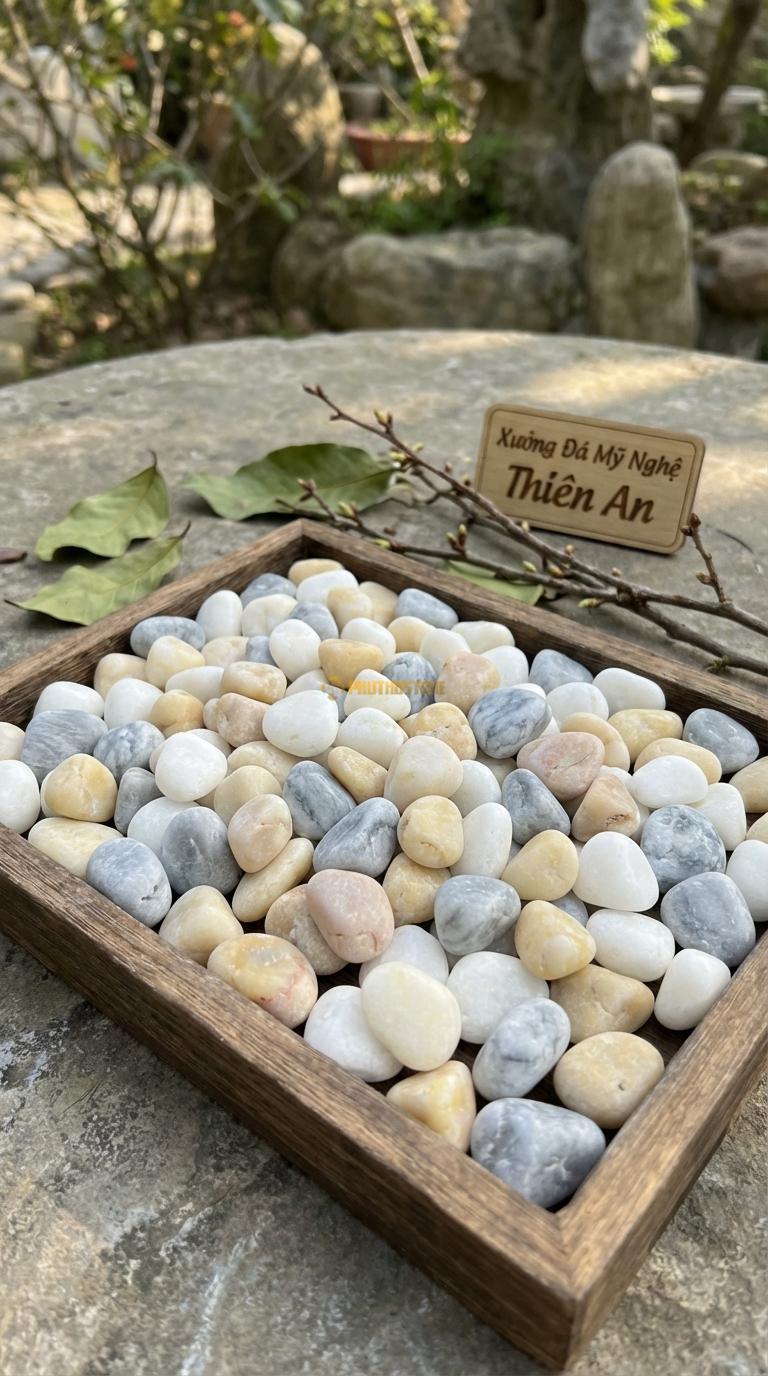 Sỏi Mix 3. Trắng quay, Ghi xám quay, Vàng quay Tỉ lệ (60, 25, 15). Size 7-9mm