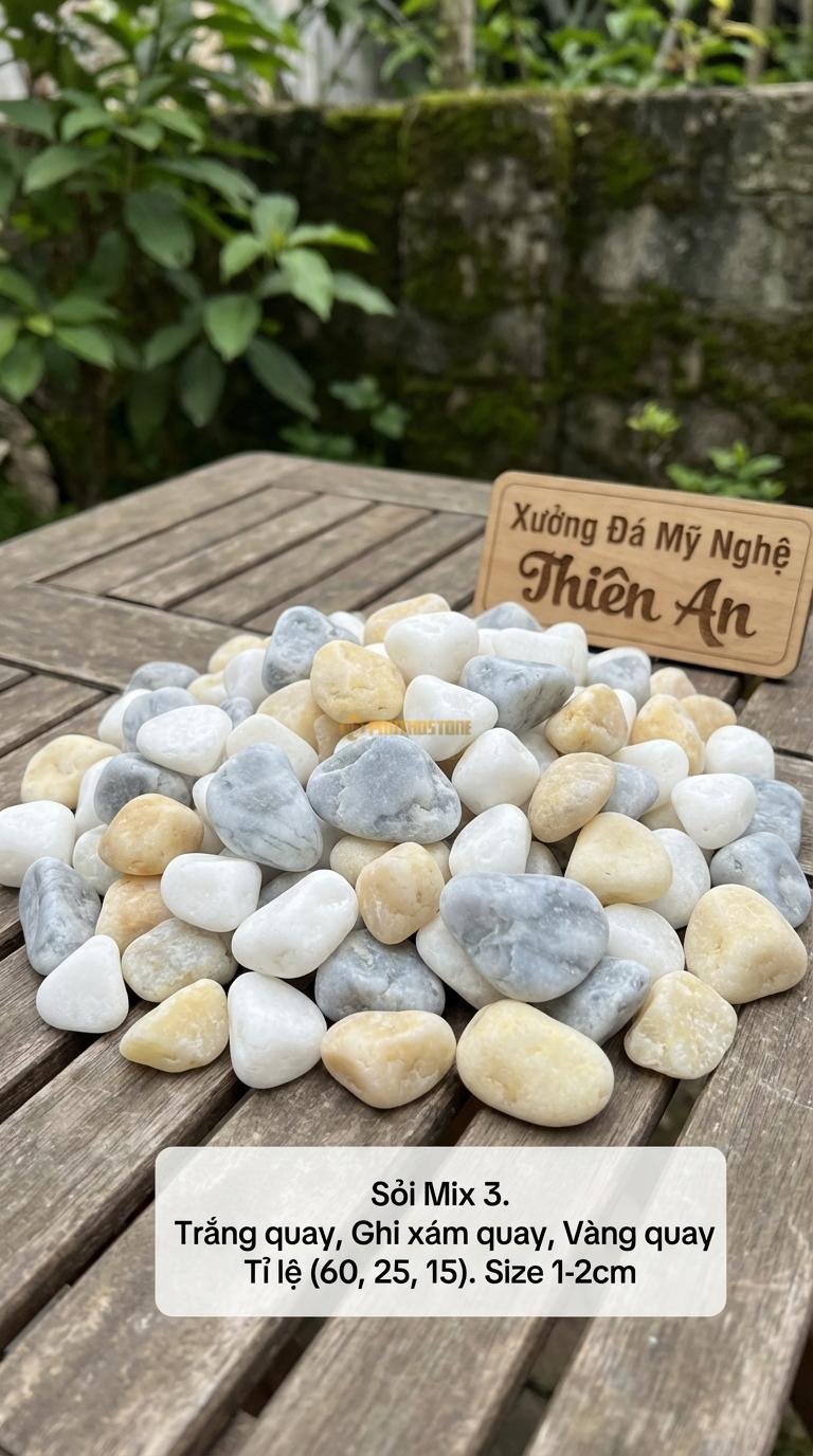 Sỏi Mix 3. Trắng quay, Ghi xám quay, Vàng quay Tỉ lệ (60, 25, 15). Size 1-2cm