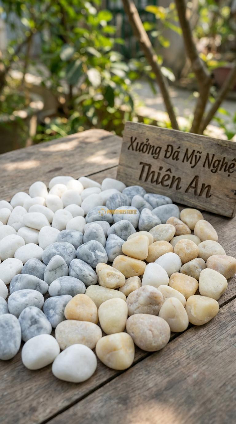 Sỏi Mix 3. Trắng quay, Ghi xám quay, Vàng quay Tỉ lệ (60, 25, 15). Size 2-3cm