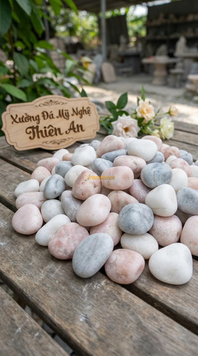 Sỏi Mix 3. Trắng quay, Hồng quay, Ghi xám quay Tỉ lệ (40, 35, 25). Size 2-4cm