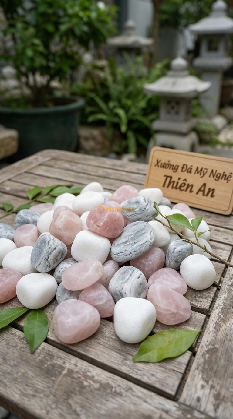 Sỏi Mix 3. Trắng quay, Hồng quay, Ghi xám quay Tỉ lệ (40, 35, 25). Size 3-5cm