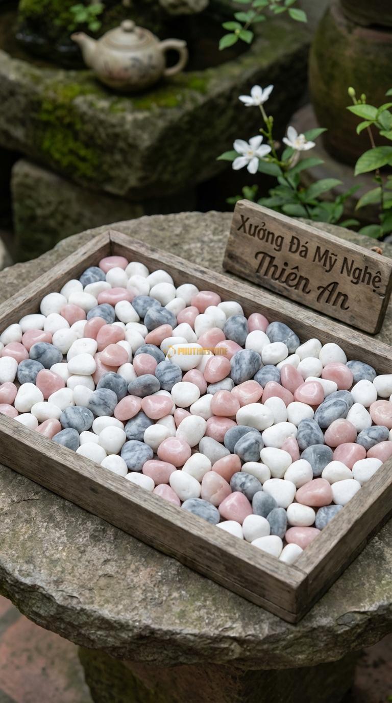 Sỏi Mix 3. Trắng quay, Hồng quay, Ghi xám quay Tỉ lệ (45, 30, 25). Size 1-2cm