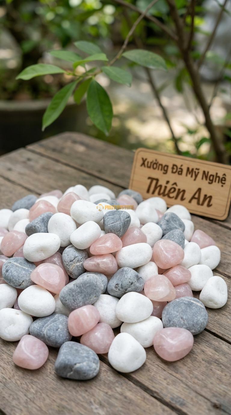 Sỏi Mix 3. Trắng quay, Hồng quay, Ghi xám quay Tỉ lệ (60, 25, 15). Size 2-3cm