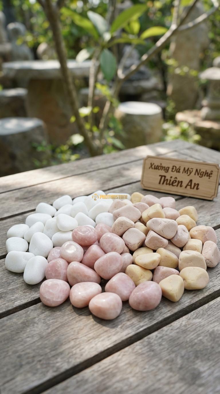 Sỏi Mix 3. Trắng quay, Hồng quay, Vàng quay Tỉ lệ (40, 35, 25). Size 1-2cm
