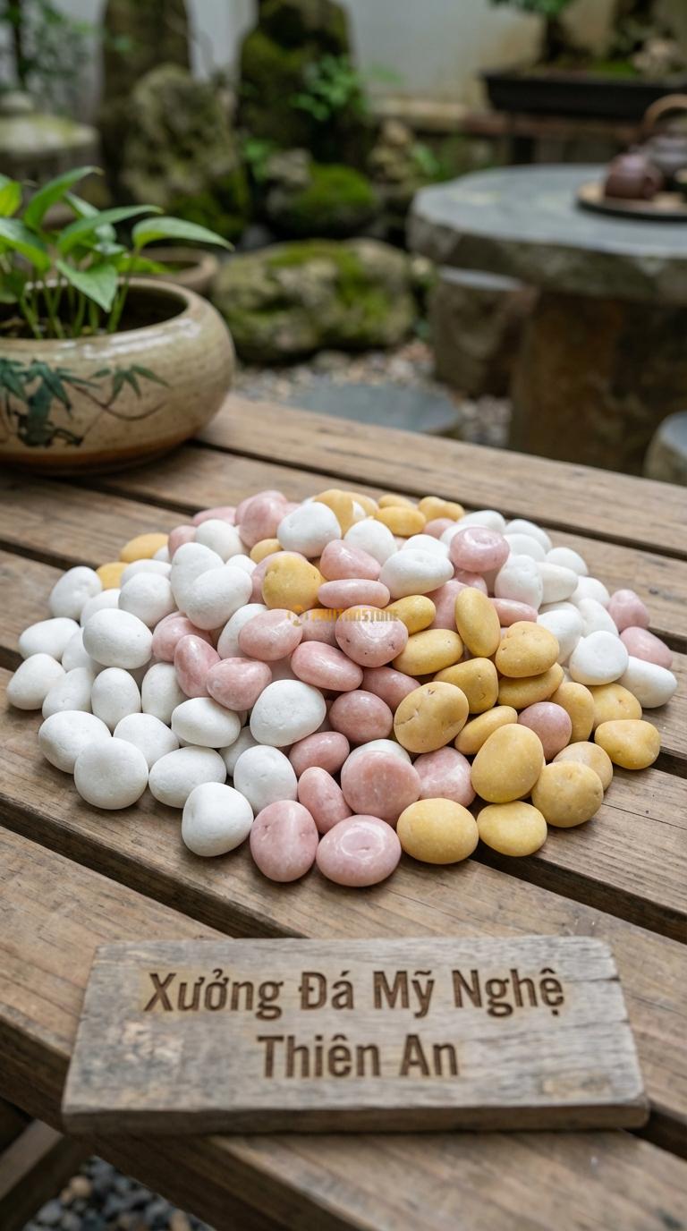 Sỏi Mix 3. Trắng quay, Hồng quay, Vàng quay Tỉ lệ (40, 35, 25). Size 2-3cm