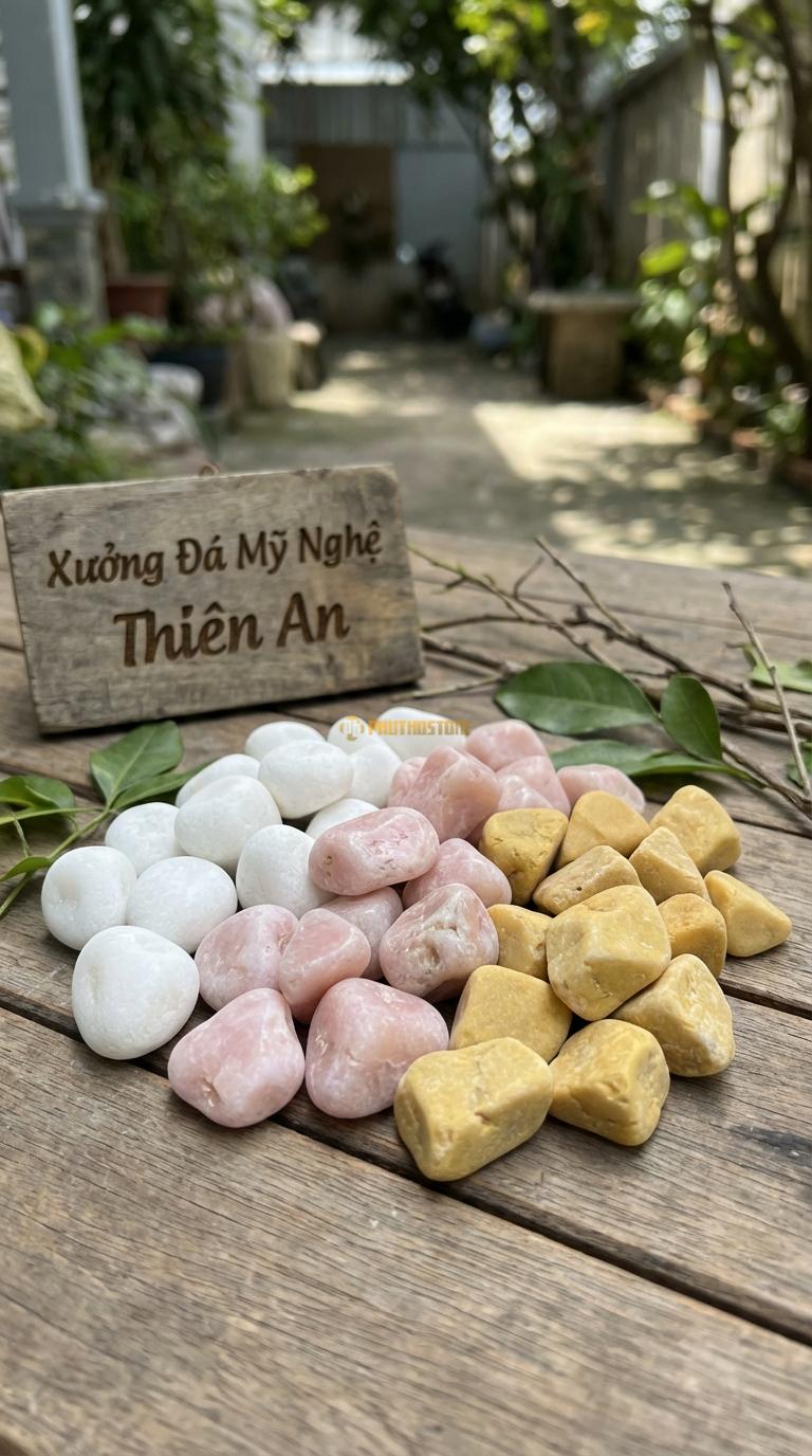 Sỏi Mix 3. Trắng quay, Hồng quay, Vàng quay Tỉ lệ (45, 30, 25). Size 1-2cm
