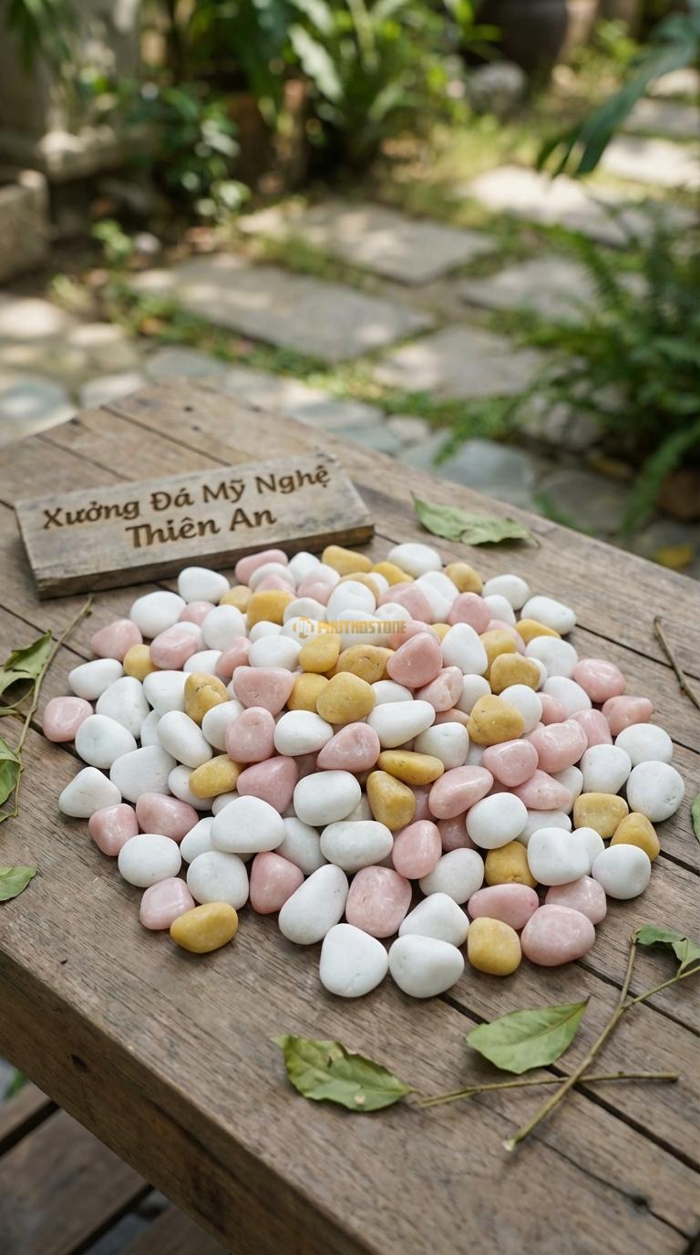Sỏi Mix 3. Trắng quay, Hồng quay, Vàng quay Tỉ lệ (50, 30, 20). Size 1-2cm