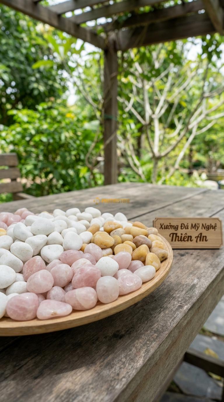 Sỏi Mix 3. Trắng quay, Hồng quay, Vàng quay Tỉ lệ (50, 30, 20). Size 3-5cm