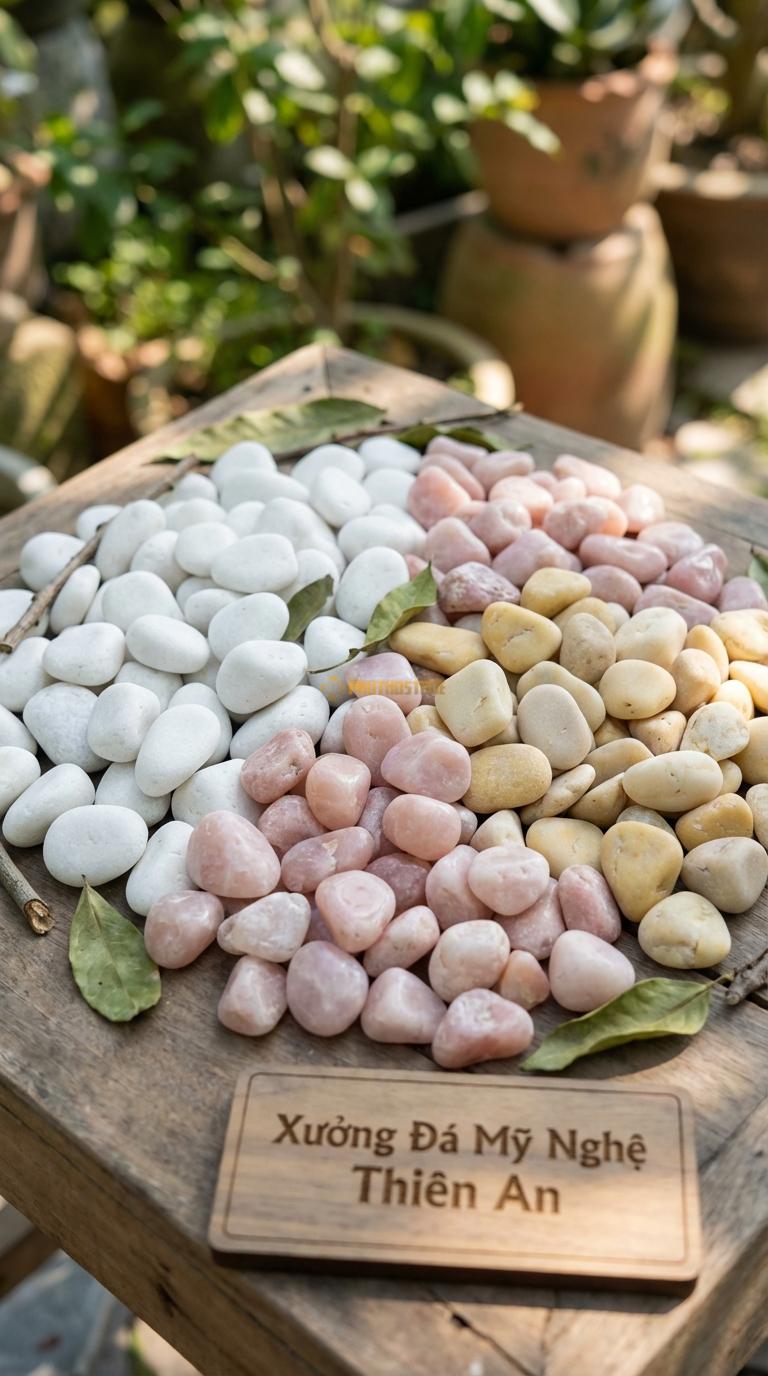 Sỏi Mix 3. Trắng quay, Hồng quay, Vàng quay Tỉ lệ (60, 25, 15). Size 2-4cm