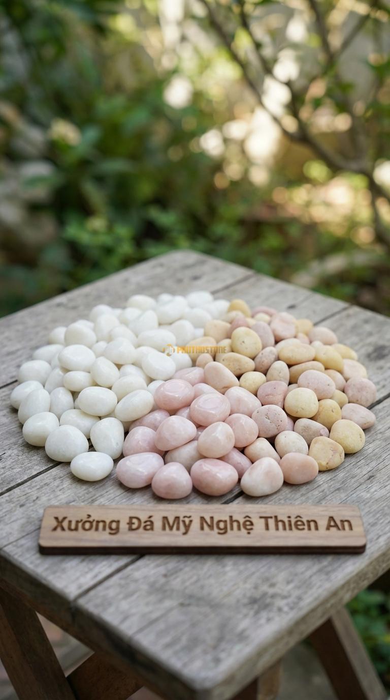 Sỏi Mix 3. Trắng quay, Hồng quay, Vàng quay Tỉ lệ (60, 25, 15). Size 1-2cm