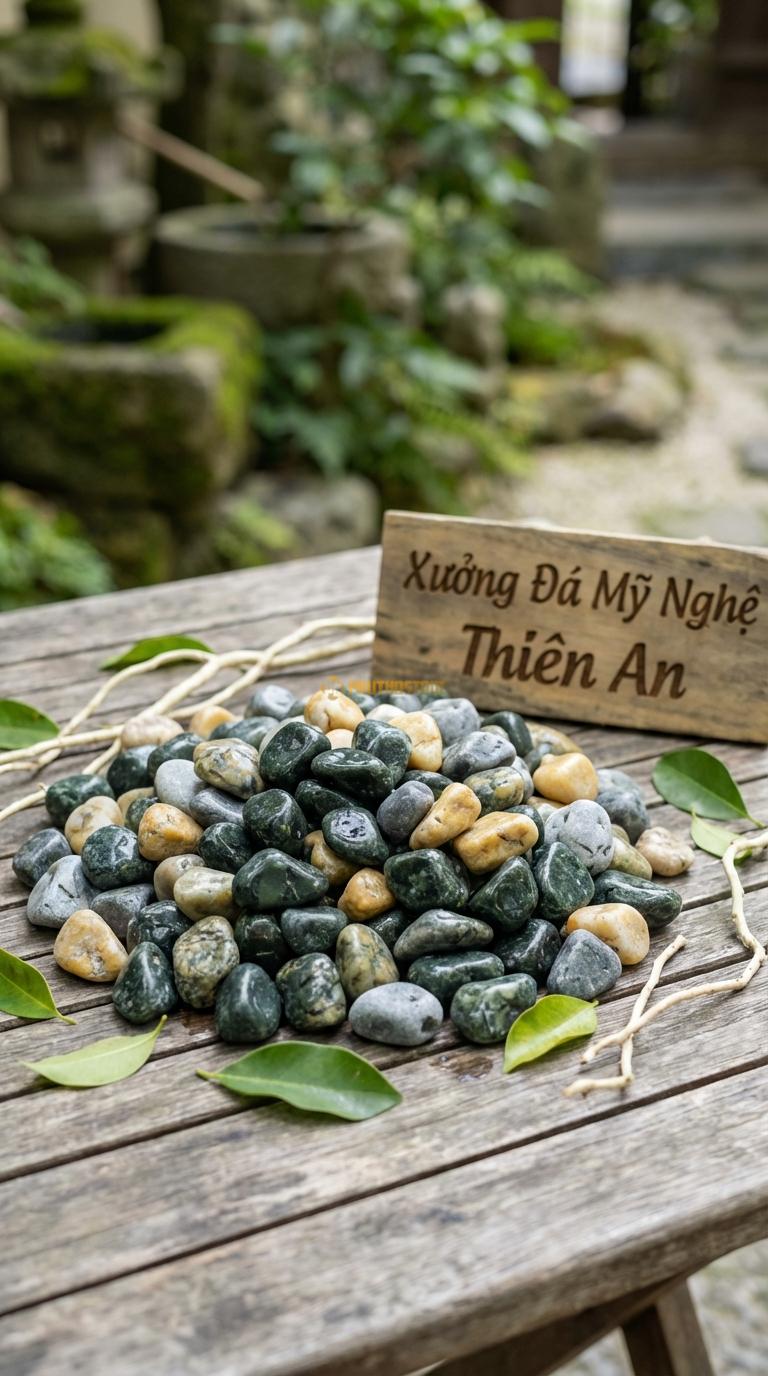 Sỏi Mix 3. Xanh rêu, Ghi xám quay, Vàng quay Tỉ lệ (40, 35, 25). Size 2-4cm