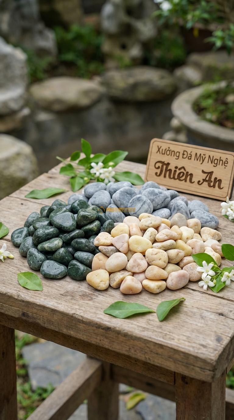 Sỏi Mix 3. Xanh rêu, Ghi xám quay, Vàng quay Tỉ lệ (40, 35, 25). Size 3-5mm