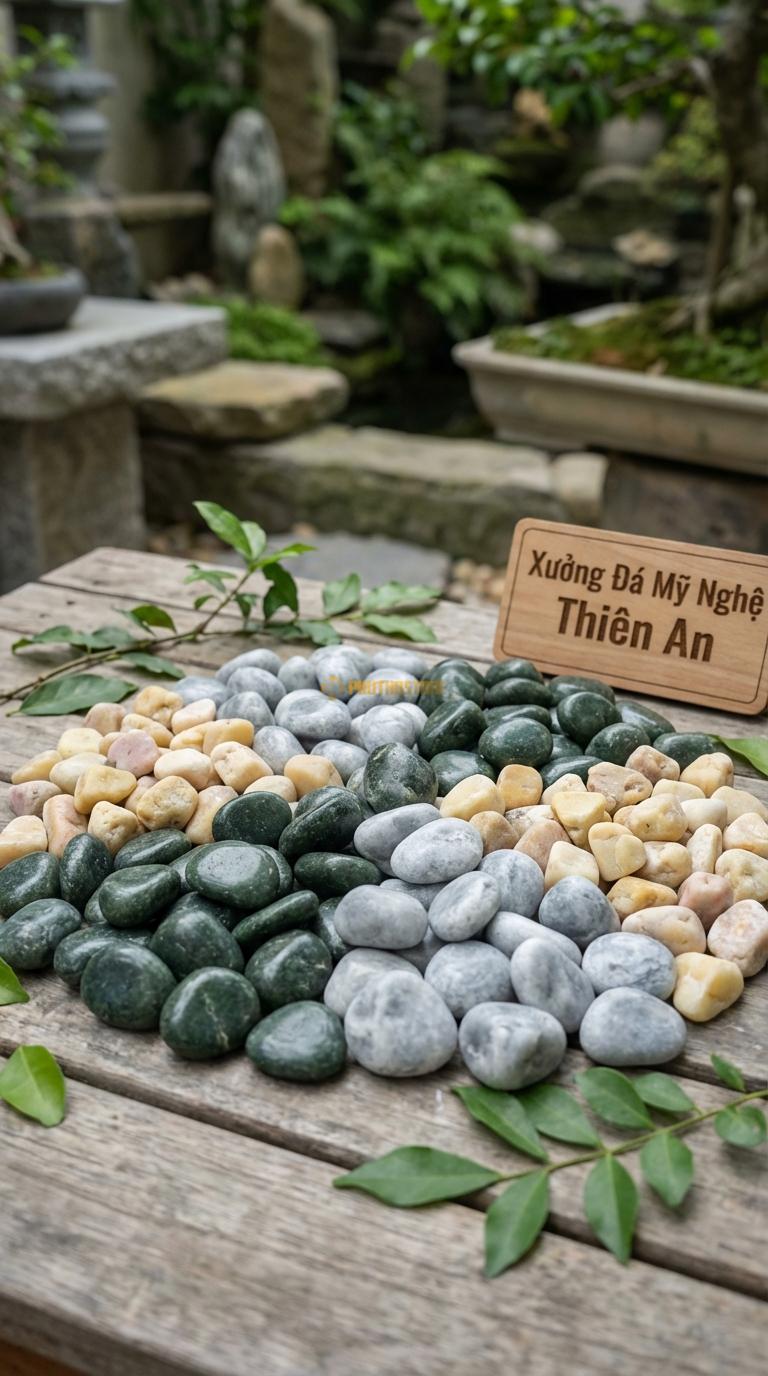 Sỏi Mix 3. Xanh rêu, Ghi xám quay, Vàng quay Tỉ lệ (40, 35, 25). Size 7-9mm