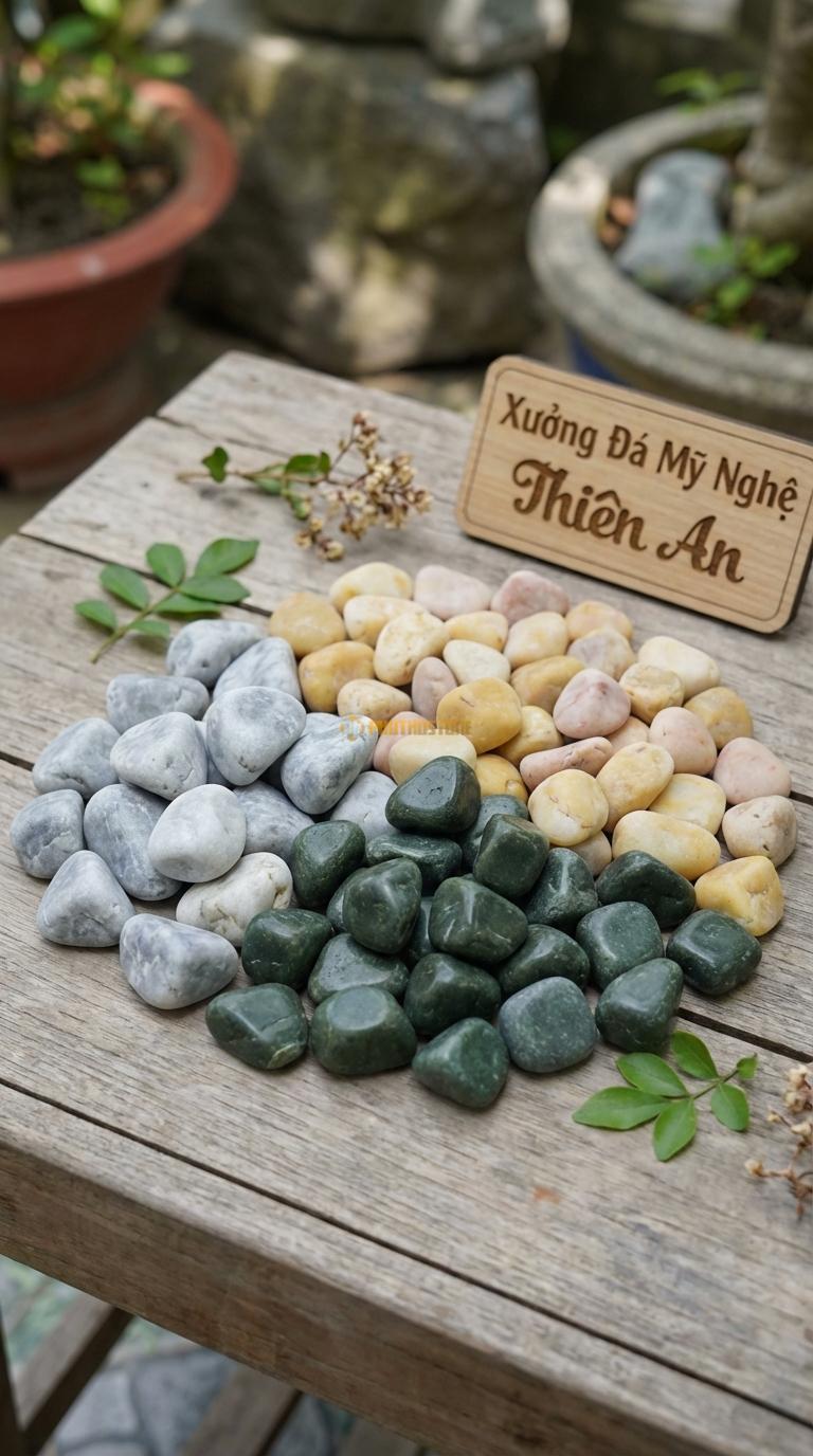 Sỏi Mix 3. Xanh rêu, Ghi xám quay, Vàng quay Tỉ lệ (40, 35, 25). Size 2-3cm