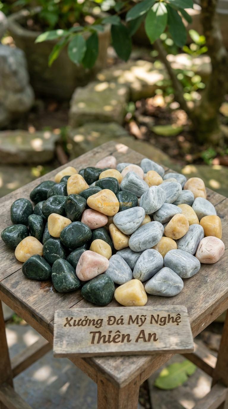Sỏi Mix 3. Xanh rêu, Ghi xám quay, Vàng quay Tỉ lệ (40, 35, 25). Size 3-5cm