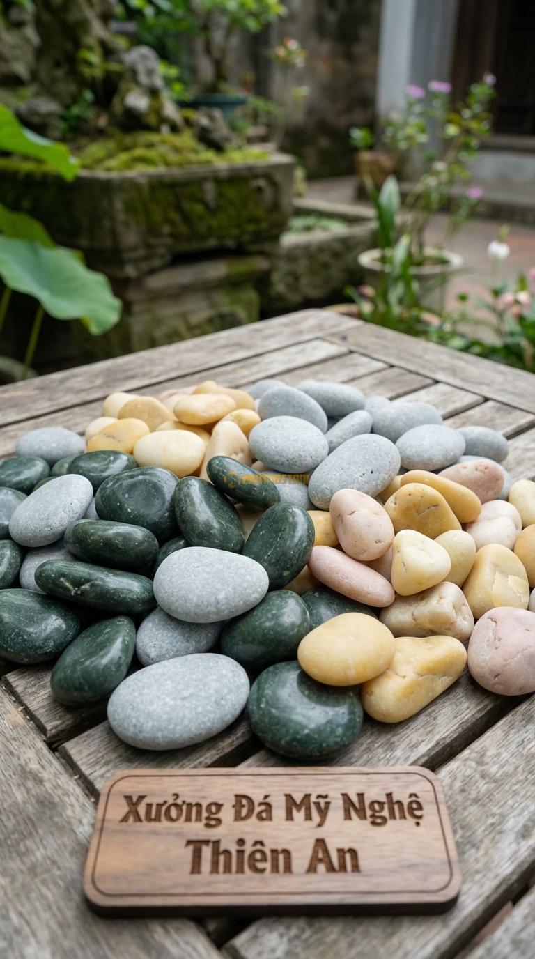 Sỏi Mix 3. Xanh rêu, Ghi xám quay, Vàng quay Tỉ lệ (45, 30, 25). Size 2-4cm