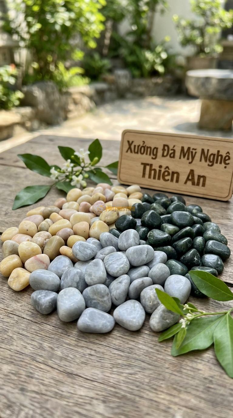 Sỏi Mix 3. Xanh rêu, Ghi xám quay, Vàng quay Tỉ lệ (45, 30, 25). Size 3-5mm