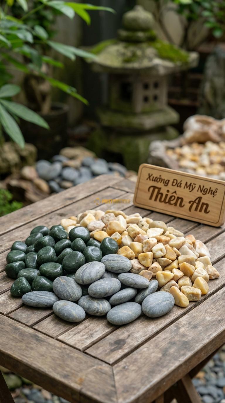 Sỏi Mix 3. Xanh rêu, Ghi xám quay, Vàng quay Tỉ lệ (45, 30, 25). Size 7-9mm
