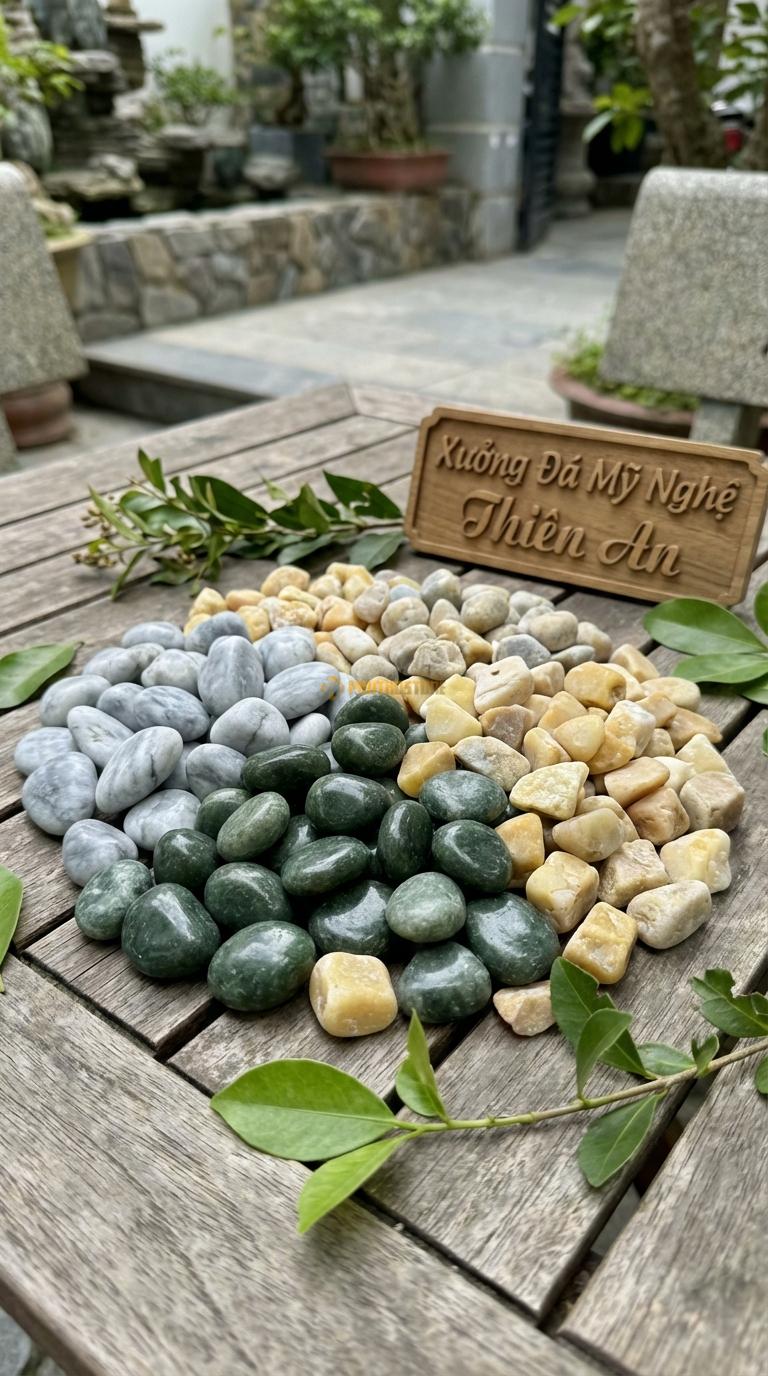 Sỏi Mix 3. Xanh rêu, Ghi xám quay, Vàng quay Tỉ lệ (45, 30, 25). Size 1-2cm
