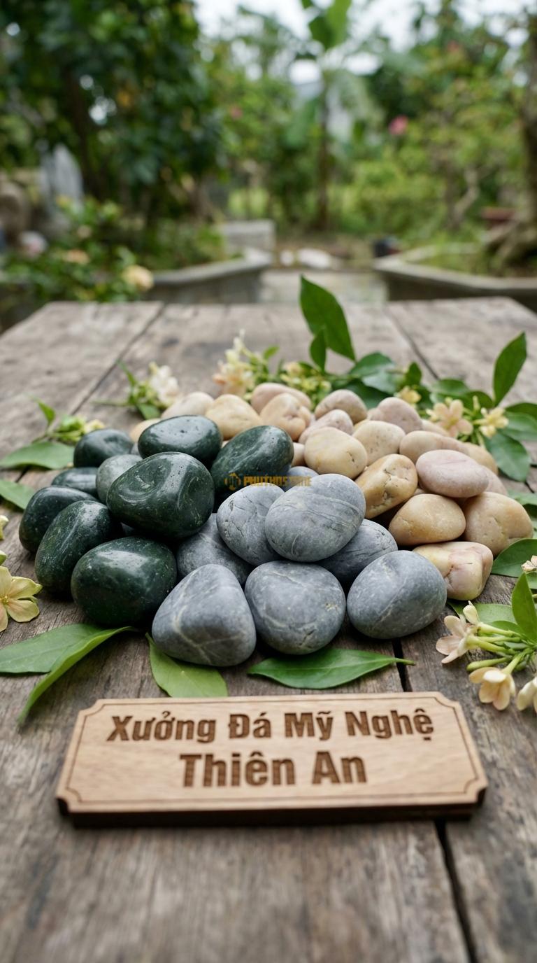 Sỏi Mix 3. Xanh rêu, Ghi xám quay, Vàng quay Tỉ lệ (45, 30, 25). Size 2-3cm