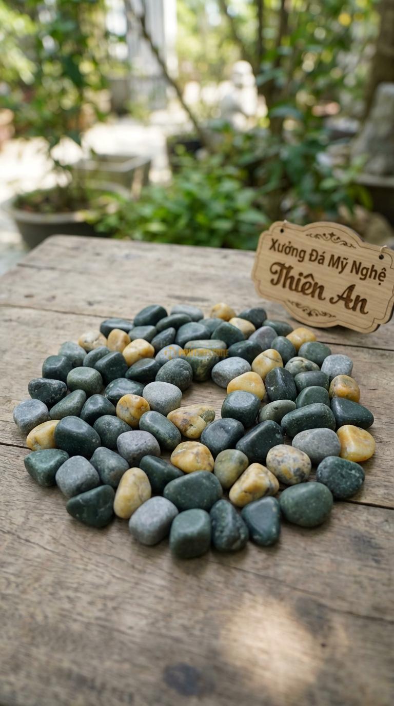 Sỏi Mix 3. Xanh rêu, Ghi xám quay, Vàng quay Tỉ lệ (50, 30, 20). Size 1-2cm