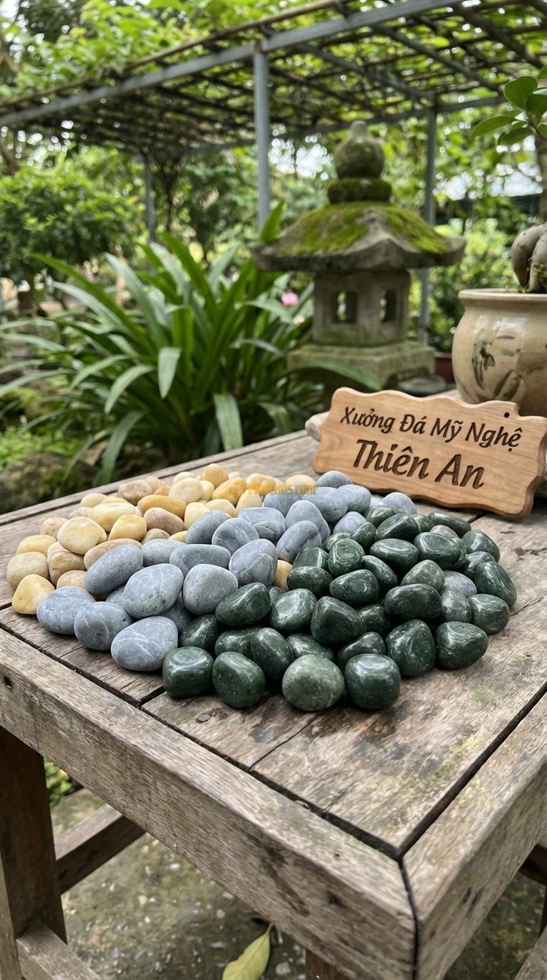 Sỏi Mix 3. Xanh rêu, Ghi xám quay, Vàng quay Tỉ lệ (50, 30, 20). Size 2-3cm