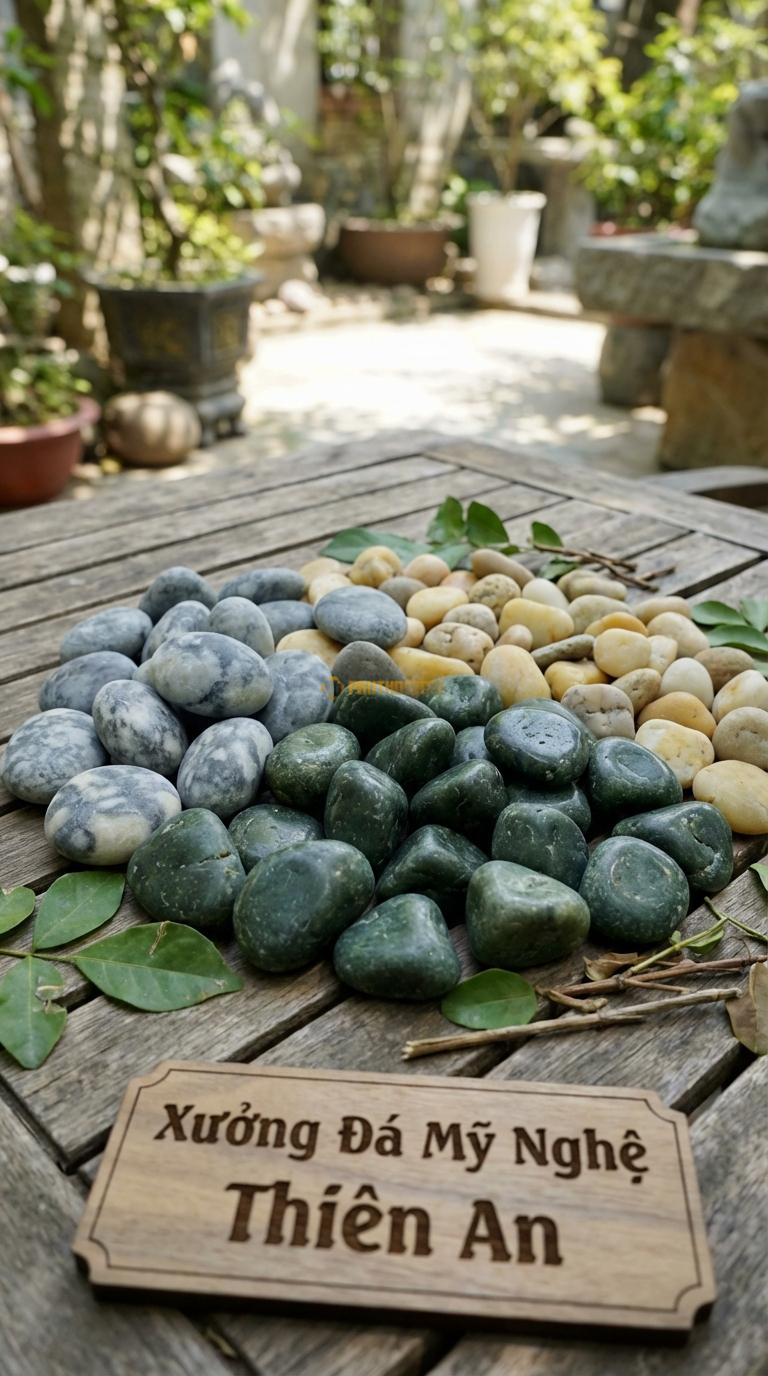 Sỏi Mix 3. Xanh rêu, Ghi xám quay, Vàng quay Tỉ lệ (60, 25, 15). Size 2-4cm