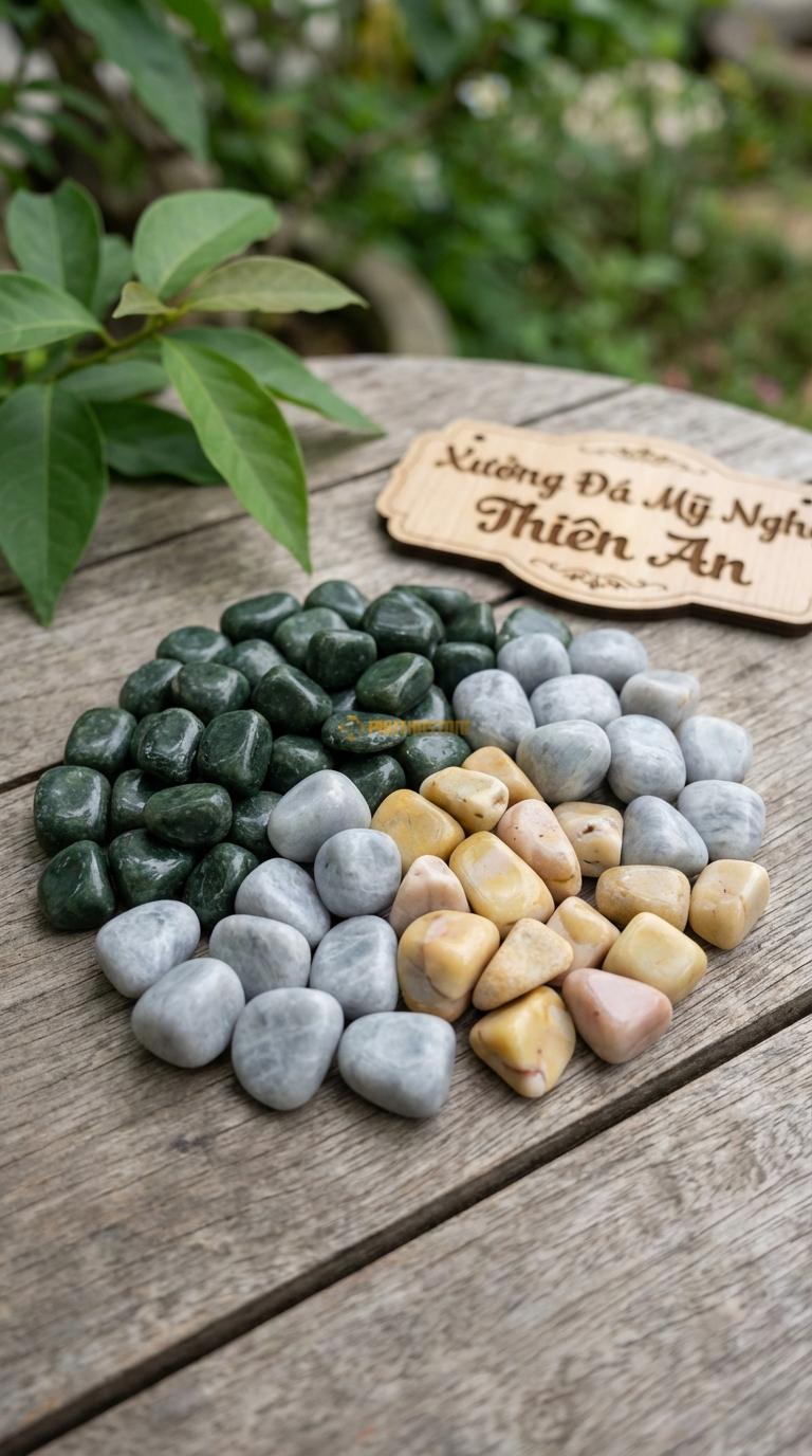Sỏi Mix 3. Xanh rêu, Ghi xám quay, Vàng quay Tỉ lệ (60, 25, 15). Size 3-5mm