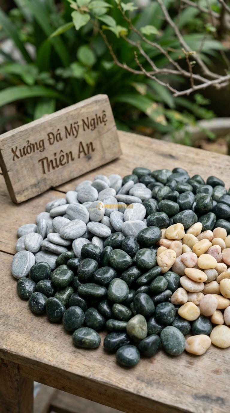 Sỏi Mix 3. Xanh rêu, Ghi xám quay, Vàng quay Tỉ lệ (60, 25, 15). Size 7-9mm