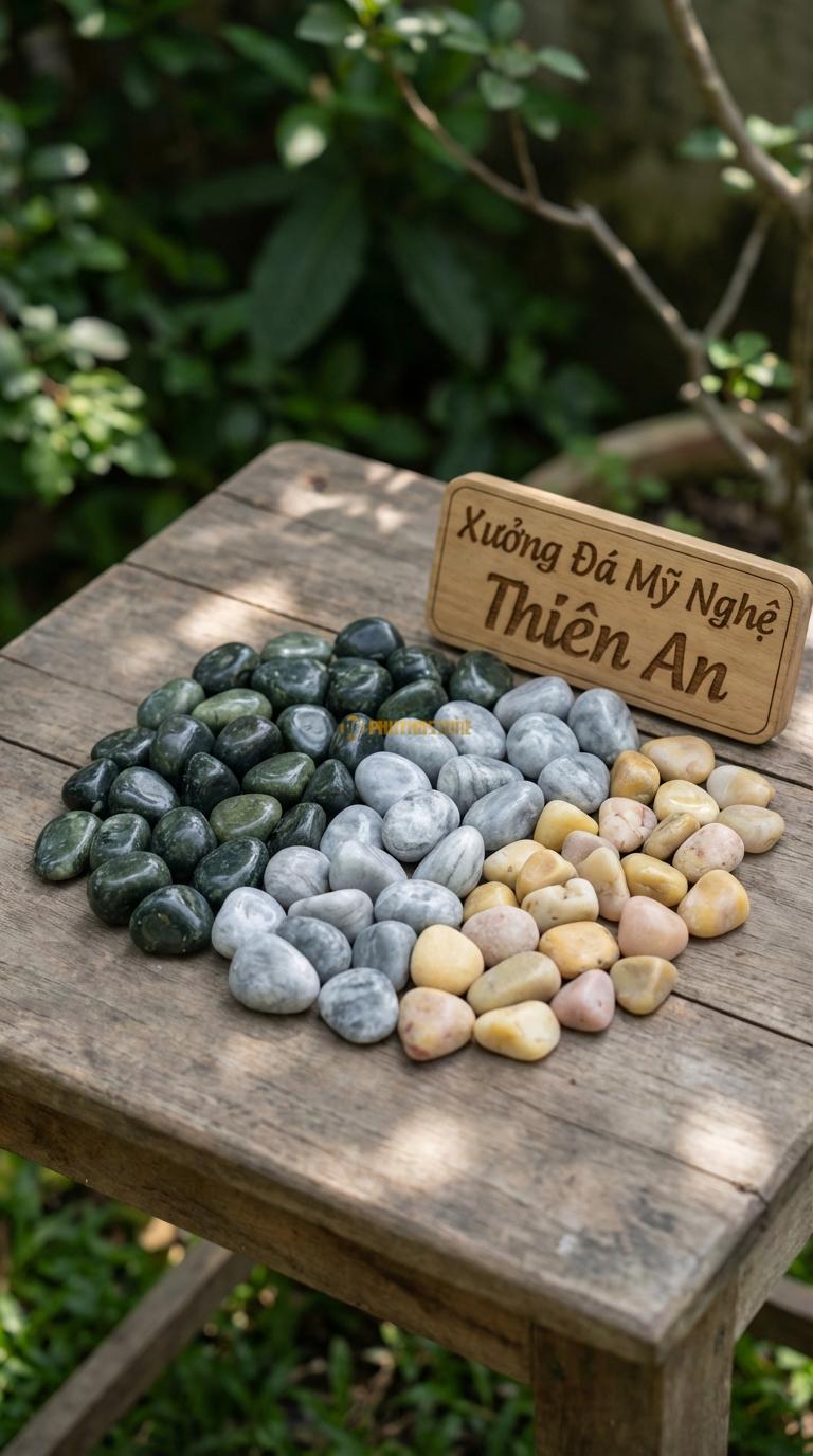 Sỏi Mix 3. Xanh rêu, Ghi xám quay, Vàng quay Tỉ lệ (60, 25, 15). Size 1-2cm
