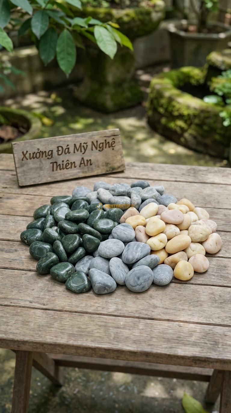 Sỏi Mix 3. Xanh rêu, Ghi xám quay, Vàng quay Tỉ lệ (60, 25, 15). Size 2-3cm