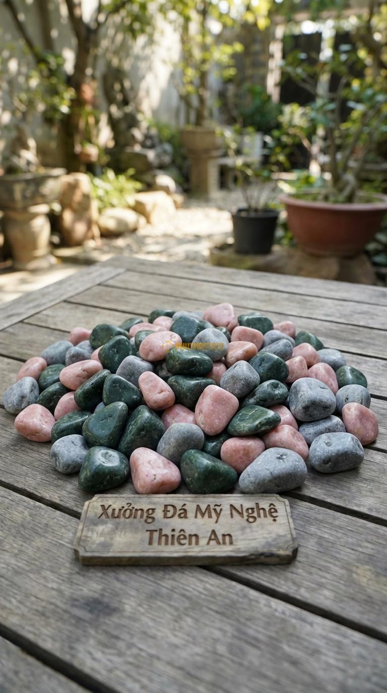 Sỏi Mix 3. Xanh rêu, Hồng quay, Ghi xám quay Tỉ lệ (40, 35, 25). Size 2-4cm