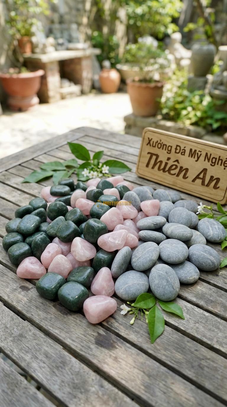 Sỏi Mix 3. Xanh rêu, Hồng quay, Ghi xám quay Tỉ lệ (40, 35, 25). Size 3-5mm