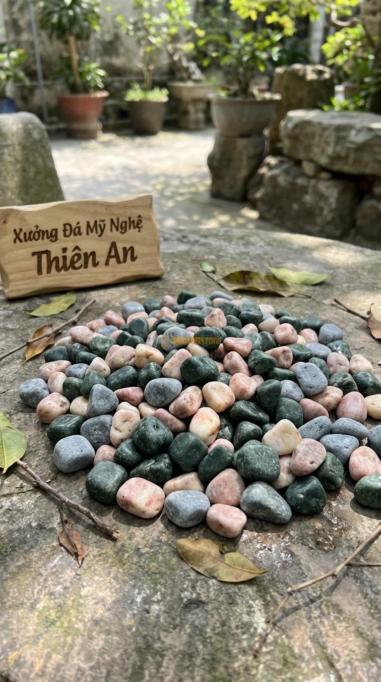 Sỏi Mix 3. Xanh rêu, Hồng quay, Ghi xám quay Tỉ lệ (40, 35, 25). Size 7-9mm