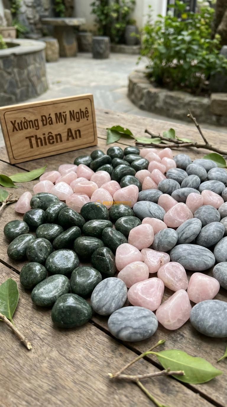 Sỏi Mix 3. Xanh rêu, Hồng quay, Ghi xám quay Tỉ lệ (40, 35, 25). Size 1-2cm