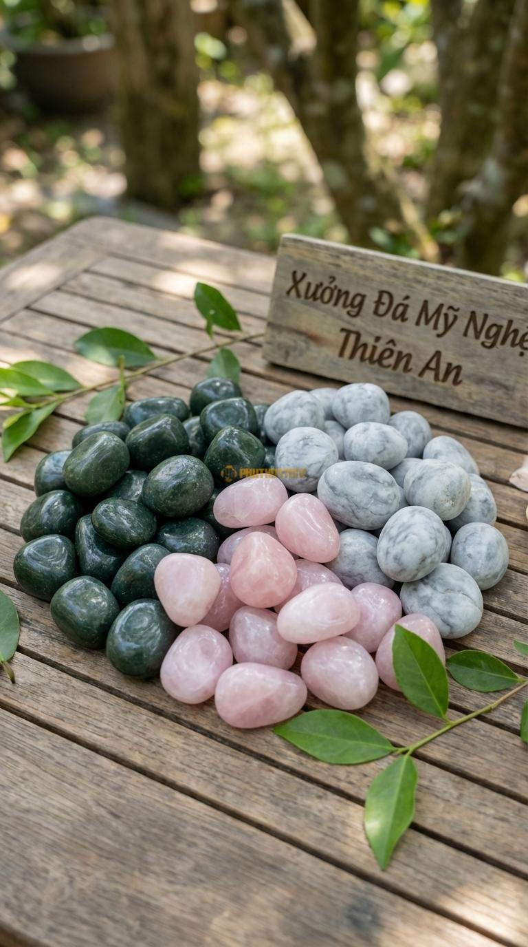Sỏi Mix 3. Xanh rêu, Hồng quay, Ghi xám quay Tỉ lệ (40, 35, 25). Size 3-5cm